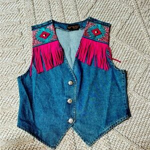 Denim Fringe Vest with pink and green glitter patches size M/L